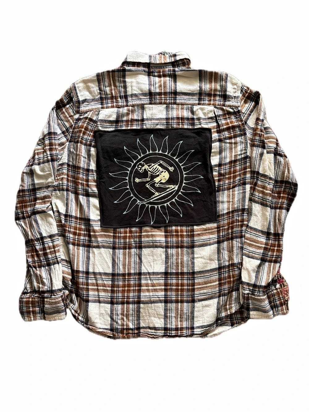 Upcycled Plaid Flannel Shirt with Surfing Skeleton Back Patch